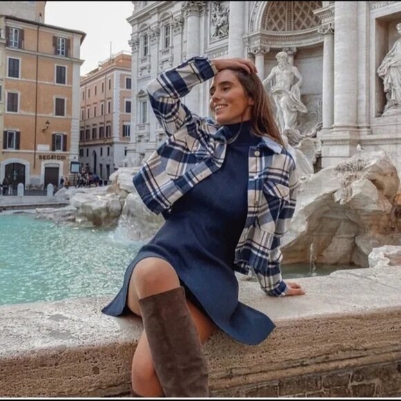 Zara Flannel Cropped jacket collared button down blue white black plaid - Picture 3 of 8